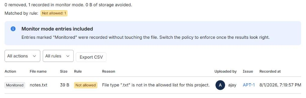The audit log with a monitored file and the rule it broke