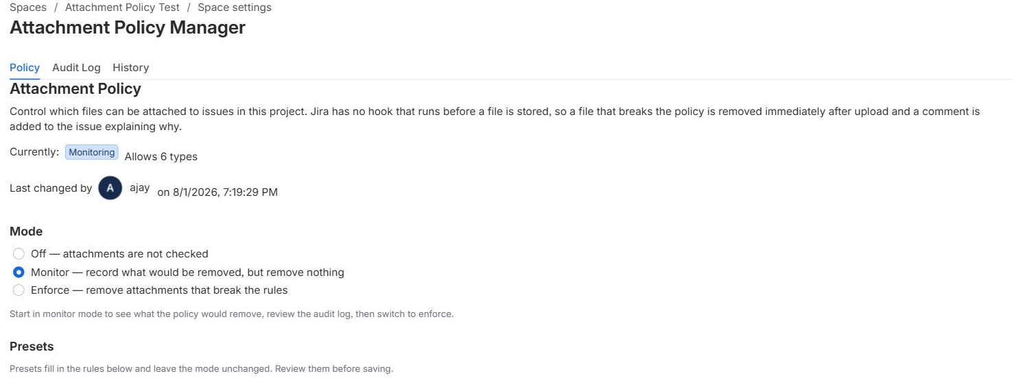 The project’s policy page with the three modes: Off, Monitor and Enforce