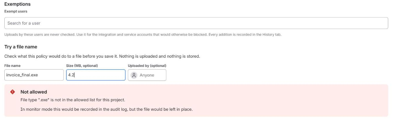 Trying a file name: invoice_final.exe is not allowed in this project